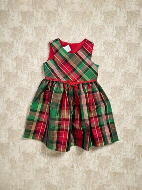 BONNIE JEAN Red Green Holiday Plaid Bow Dress Size 4T